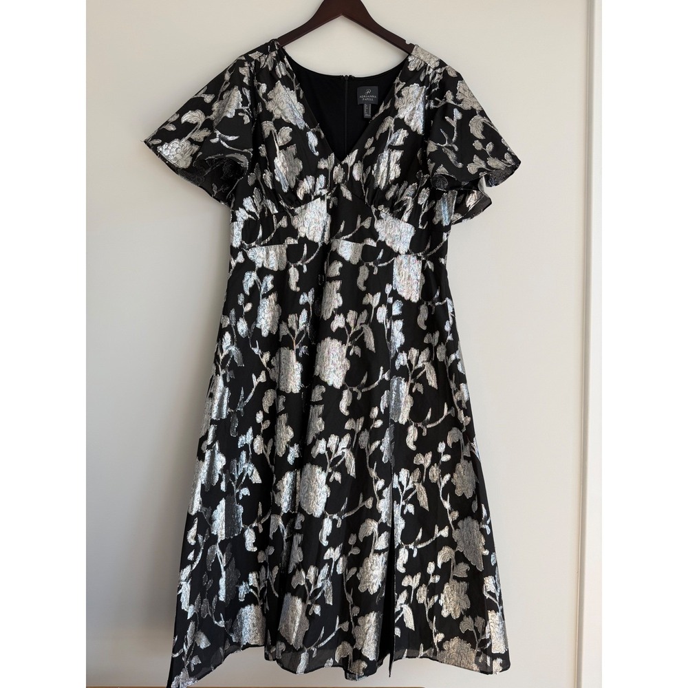 Adrianna Papell Metallic Floral Jacquard Midi Dress Womens 16 Slit Evening